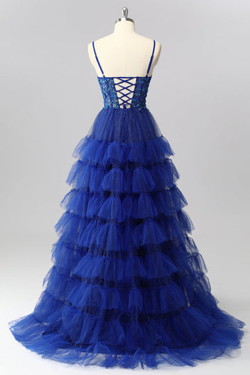 Corset bleu royal scintillant Une robe de bal longue à plusieurs niveaux avec appliques